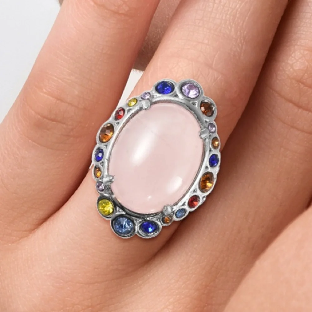 Multi Color Austrian Crystal Rose Quartz Halo Ring